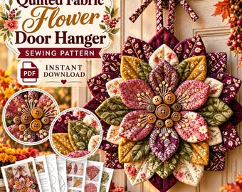 Naaipatroon voor een gewatteerde stoffen bloemen deurhanger (PDF), patroon voor een gelaagde bloemblaadjeskrans, stoffen bloemenkrans, handleiding voor een gewatteerde krans