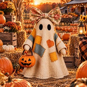 May include: A beige fabric ghost figurine featuring a large floral print bow on its head, stitched patchwork squares in blue and yellow, and an orange heart patch. The ghost has two black oval eyes and holds a small orange felt jack-o'-lantern bucket.