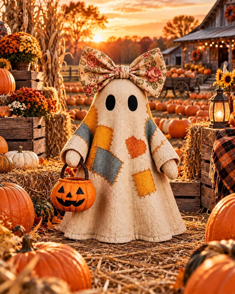 May include: A beige fabric ghost figurine featuring a large floral print bow on its head, stitched patchwork squares in blue and yellow, and an orange heart patch. The ghost has two black oval eyes and holds a small orange felt jack-o'-lantern bucket.