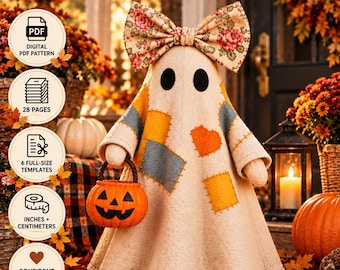 Patchwork Ghost Sewing Pattern PDF, Fabric Ghost with Floral Bow & Pumpkin Bucket, Farmhouse Halloween Decor, Cottagecore Fall DIY