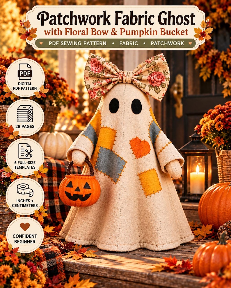 May include: A beige fabric ghost decoration featuring a large floral bow, patchwork squares in orange and blue, and two black circular eyes. The ghost holds a small orange plastic pumpkin bucket. Text includes Patchwork Fabric Ghost.