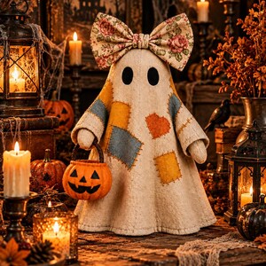 May include: A fabric ghost figurine featuring a beige body with stitched-on patches in blue, yellow, and orange, including a heart-shaped patch. The ghost wears a large floral print bow on its head and holds a small orange plastic jack-o'-lantern bucket.