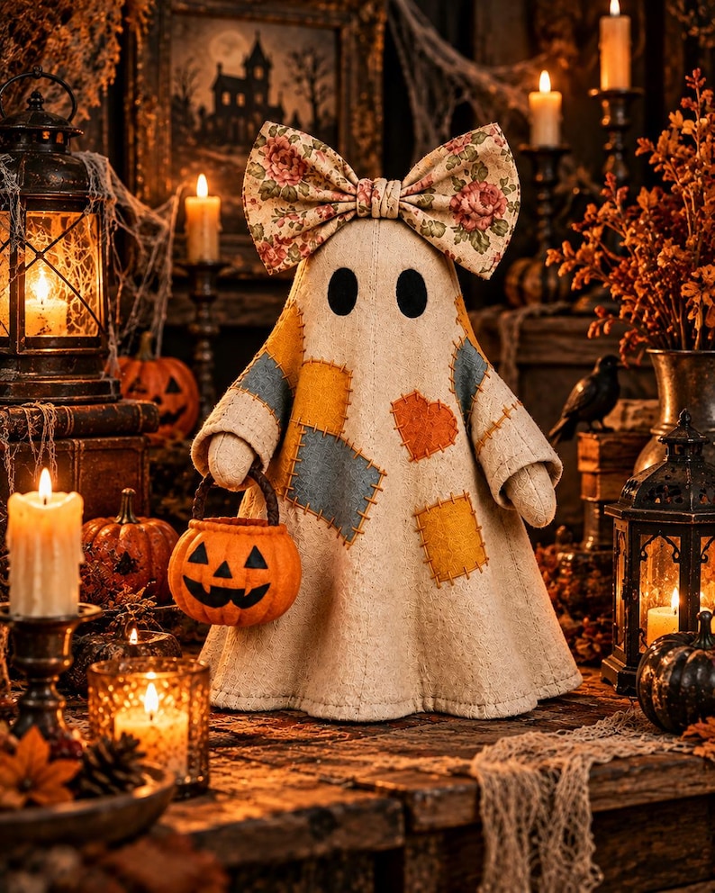May include: A fabric ghost figurine featuring a beige body with stitched-on patches in blue, yellow, and orange, including a heart-shaped patch. The ghost wears a large floral print bow on its head and holds a small orange plastic jack-o'-lantern bucket.