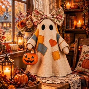 May include: A fabric ghost figurine featuring a cream-colored body with stitched-on patches in blue and orange, including a heart shape. The ghost wears a large floral print bow on its head and holds a small orange plastic jack-o'-lantern bucket.