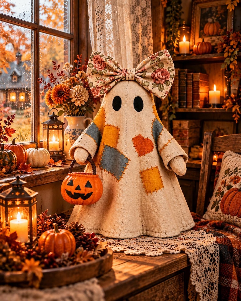 May include: A fabric ghost figurine featuring a cream-colored body with stitched-on patches in blue and orange, including a heart shape. The ghost wears a large floral print bow on its head and holds a small orange plastic jack-o'-lantern bucket.
