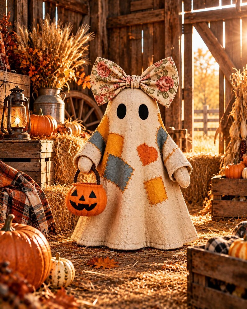 May include: A cream-colored fabric ghost figurine featuring a large floral print bow on its head and various colorful patches sewn onto its body. The ghost holds a small orange plastic jack-o'-lantern bucket with a black handle in its hand.