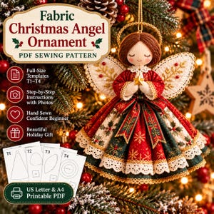 May include: A fabric Christmas angel ornament with brown yarn hair, a gold halo, and a red and green dress featuring snowflake and holly patterns. The ornament holds a small gold star. Text includes Fabric Christmas Angel Ornament PDF Sewing Pattern.
