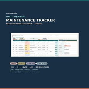 May include: A digital fleet and equipment maintenance tracker spreadsheet template with a dark blue background. The interface displays columns for status, task, and due dates, with colour-coded labels for overdue, due soon, data needed, and update needed.