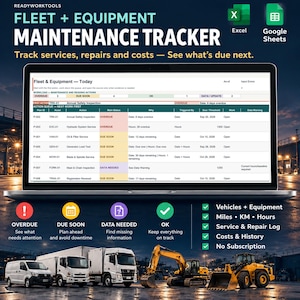 May include: A digital fleet and equipment maintenance tracker displayed on a laptop screen. The interface shows a spreadsheet with columns for asset IDs, service actions, and status updates. Icons for Excel and Google Sheets are visible.