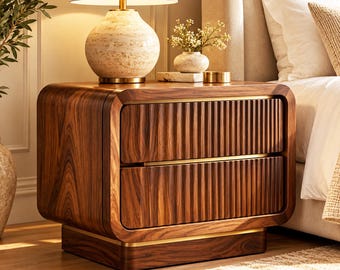 Luxury Walnut Nightstand, Sculptural Fluted Bedside Table with Brass Accents, Modern Organic Bedroom Furniture