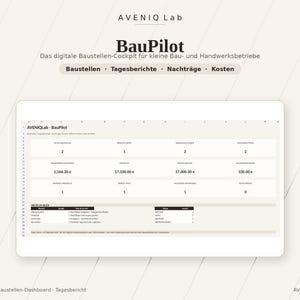 May include: A digital dashboard titled BauPilot by AVENIQ Lab, designed for construction management. The interface displays project metrics, financial data, and daily reports in a spreadsheet format with headers for sites, reports, and costs.