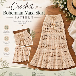 Puede incluir: Un patrón de falda larga de ganchillo beige con cintura de cordón, cuentas de madera y borlas. El diseño presenta intrincados puntos de encaje en bandas horizontales. Texto: Crochet Bohemian Maxi Skirt Pattern.