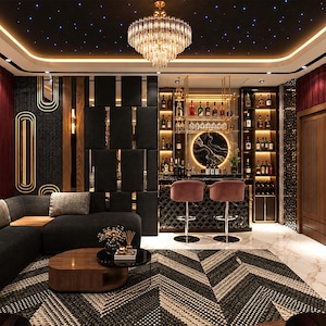 May include: A luxury lounge area featuring a black sectional sofa, a wooden coffee table, and a patterned rug. A bar area with two pink velvet stools, illuminated shelving with bottles, and a crystal chandelier under a dark starry ceiling.