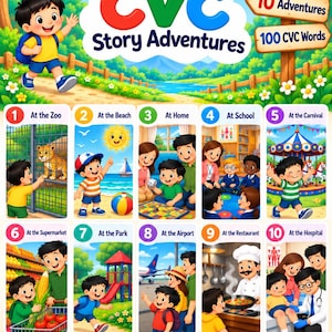 May include: A colorful educational poster titled CVC Story Adventures featuring 10 numbered scenes including At the Zoo, At the Beach, At Home, At School, At the Carnival, At the Supermarket, At the Park, At the Airport, At the Restaurant, and At the Hospital.