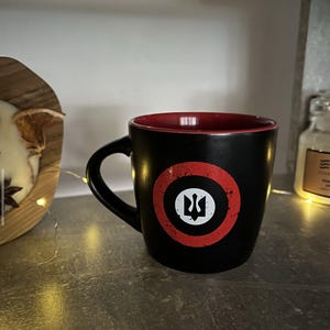Aviation Halychyny Rondel Mug 300 ml, Black Matte Ceramic Cup, Red Interior, Round Emblem, Ukrainian Aviation Collectible