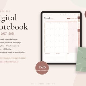 May include: A digital notebook for 2026-2028 featuring 1,528 hyperlinked pages, daily, weekly, monthly, and yearly layouts, 50 templates, 10 custom sections, 6 covers, and 1,890 stickers. Compatible with Goodnotes, Notability, Noteshelf, and Xodo.