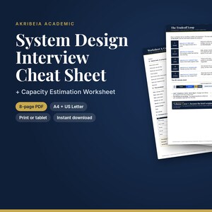 Könnte beinhalten: Ein digitales System Design Interview Cheat Sheet und ein Capacity Estimation Worksheet als 8-seitiges PDF. Das Dokument besteht aus weißen Seiten mit schwarzem Text, Tabellen und Diagrammen, einschließlich eines Abschnitts The Tradeoff Loop.