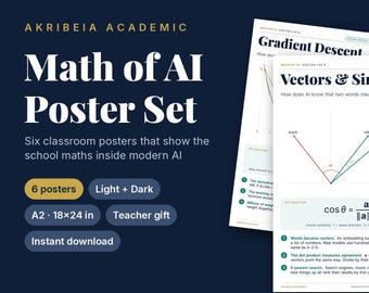 May include: A set of six educational posters titled Akribeia Academic Math of AI Poster Set, featuring diagrams and text about Gradient Descent, Vectors and Similarity, and Attention. The posters display mathematical formulas, vector graphs, and explanatory text on light and dark backgrounds, measuring 18 by 24 inches.