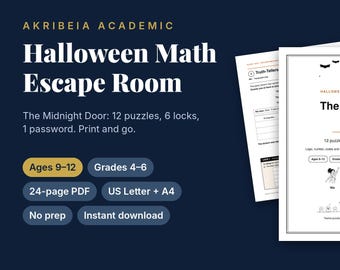May include: A digital Halloween Math Escape Room activity titled The Midnight Door by Akribeia Academic. The 24-page PDF includes 12 puzzles, 6 locks, and 1 password for ages 9-12, grades 4-6. The document features black and white illustrations of bats, a moon, and characters named Nia, Theo, and Cog.