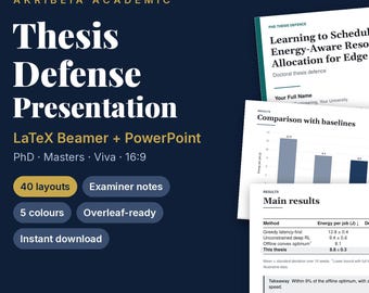 May include: A digital template for a thesis defense presentation titled Akribeia Academic, featuring LaTeX Beamer and PowerPoint formats. It includes 40 layouts, 5 colors, examiner notes, and sample slides showing charts and data tables for research.