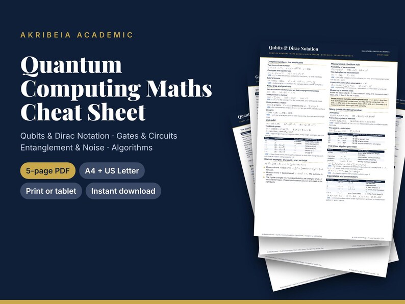 May include: A digital cheat sheet titled Akribeia Academic Quantum Computing Maths Cheat Sheet, featuring sections on Qubits & Dirac Notation, Gates & Circuits, Entanglement & Noise, and Algorithms. The document is a 5-page PDF in A4 and US Letter sizes.