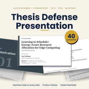 May include: A digital presentation template for a thesis defense featuring dark blue and white slides. The main slide displays the text Learning to Schedule: Energy-Aware Resource Allocation for Edge Computing. A gold circle indicates 40 layouts.