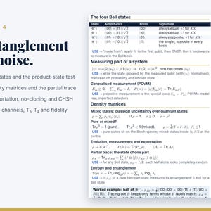 May include: A page titled Page 4 Entanglement & noise featuring a table of the four Bell states and detailed mathematical notes on quantum mechanics including density matrices, partial trace, entropy, and noise channels with various formulas.