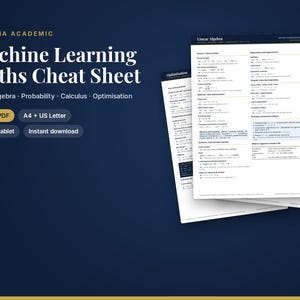 Könnte beinhalten: Ein fünfseitiges digitales Machine Learning Mathe-Spickzettel im PDF-Format, das lineare Algebra, Wahrscheinlichkeitsrechnung, Analysis und Optimierung abdeckt. Verfügbar in A4 und US Letter, mit mathematischen Formeln und Text.