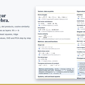 Puede incluir: Un documento educativo blanco titulado Page 2 Linear algebra, que presenta texto negro y f&oacute;rmulas matem&aacute;ticas. Cubre temas como vectores, normas, productos punto, similitud de coseno, matrices, valores propios, SVD y PCA con notas sobre aprendizaje autom&aacute;tico.