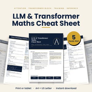Op de afbeelding: Een 5-pagina PDF spiekbriefje getiteld LLM & Transformer Maths Cheat Sheet, met technische inhoud over aandacht, transformatorblokken, training en inferentie. Het document bevat wiskundige formules, diagrammen en tekst, gepresenteerd in een donkerblauw en wit kleurenschema met een gouden cirkelvormige badge die 5 page PDF aangeeft.