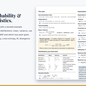 Puede incluir: Una p&aacute;gina titulada Probability & statistics que contiene f&oacute;rmulas matem&aacute;ticas, reglas y una tabla de distribuciones. El texto incluye el teorema de Bayes, reglas de suma y producto, y un ejemplo de una prueba que afecta al 1% de personas.