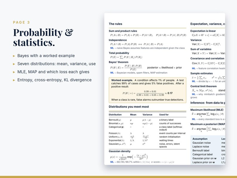 Puede incluir: Una p&aacute;gina titulada Probability & statistics que contiene f&oacute;rmulas matem&aacute;ticas, reglas y una tabla de distribuciones. El texto incluye el teorema de Bayes, reglas de suma y producto, y un ejemplo de una prueba que afecta al 1% de personas.