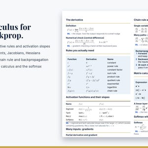 Puede incluir: Un documento educativo blanco titulado Calculus for backprop, p&aacute;gina 4. Contiene definiciones matem&aacute;ticas, reglas de derivaci&oacute;n, funciones de activaci&oacute;n y f&oacute;rmulas de c&aacute;lculo matricial en texto negro con acentos azules sobre fondo blanco.