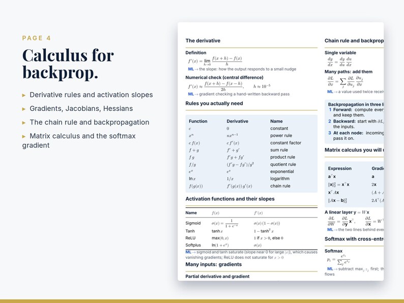 Puede incluir: Un documento educativo blanco titulado Calculus for backprop, p&aacute;gina 4. Contiene definiciones matem&aacute;ticas, reglas de derivaci&oacute;n, funciones de activaci&oacute;n y f&oacute;rmulas de c&aacute;lculo matricial en texto negro con acentos azules sobre fondo blanco.