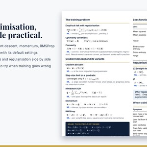 Puede incluir: Una p&aacute;gina de documento t&eacute;cnico titulada Optimisation, made practical, que presenta una lista de conceptos de aprendizaje autom&aacute;tico que incluyen gradient descent, momentum, RMSProp y Adam. El texto incluye f&oacute;rmulas matem&aacute;ticas y consejos.