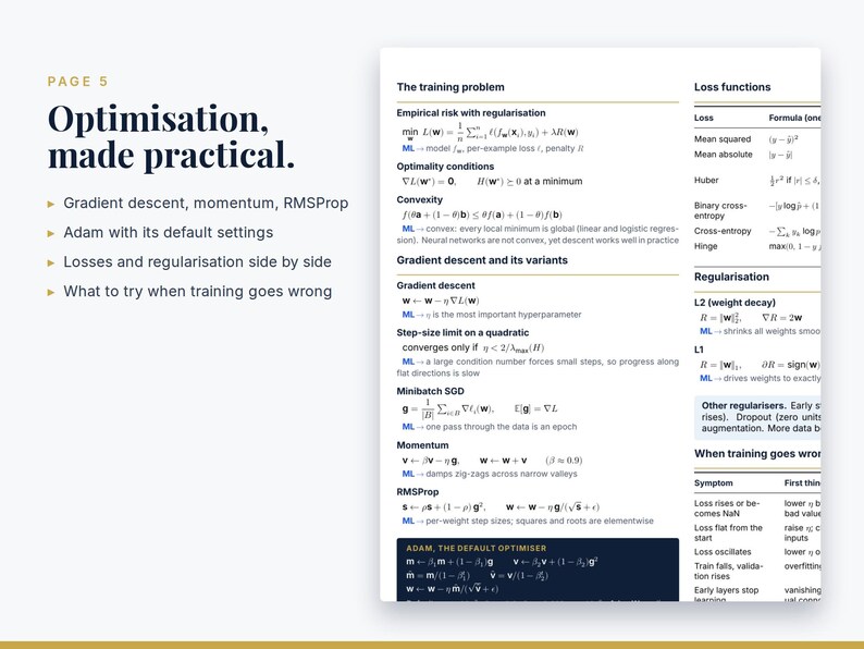 Puede incluir: Una p&aacute;gina de documento t&eacute;cnico titulada Optimisation, made practical, que presenta una lista de conceptos de aprendizaje autom&aacute;tico que incluyen gradient descent, momentum, RMSProp y Adam. El texto incluye f&oacute;rmulas matem&aacute;ticas y consejos.