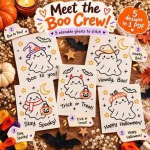 May include: Five white ghost embroidery patterns on fabric cards with Halloween themes. Designs include a ghost with a witch hat, a cowboy hat, a scarf, devil horns with a pumpkin, and a pumpkin hat. Text reads Meet the Boo Crew, Boo to you, Howdy, Boo, Stay Spooky, Trick or Treat, and Happy Halloween.