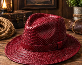 Chapeau de cowboy en cuir embossé peau de serpent fait main, style fedora