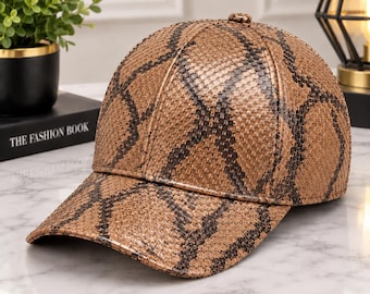 Casquette de baseball en cuir de python véritable, texture gaufrée, style streetwear femme