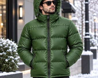 Doudoune en cuir pour homme, à capuche, matelassée, chaude, idéale pour l'hiver, décontractée et tendance. Idée cadeau.