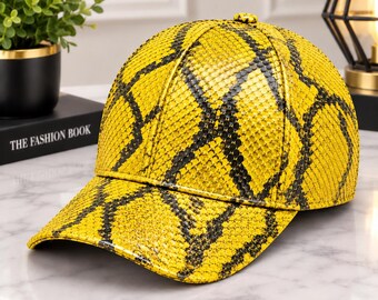 Casquette de baseball en cuir de python véritable, texture gaufrée, style streetwear femme