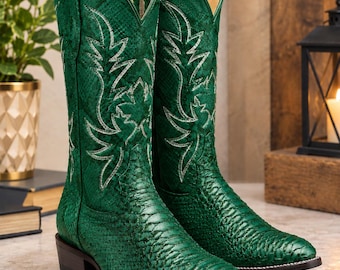 Botas vaqueras de piel de pitón verde / Botas vaqueras para hombre.