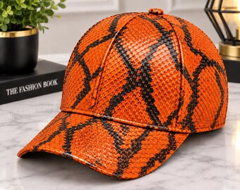 Casquette de baseball en cuir de python véritable, texture gaufrée, style streetwear femme
