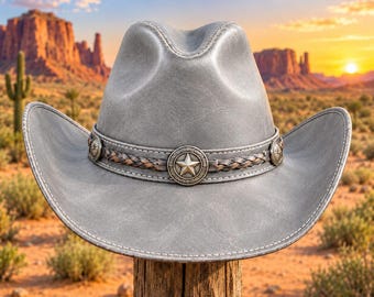 Handmade Leather Cowboy Hat, Western Rodeo Accessory, Braided Band, Star Accents