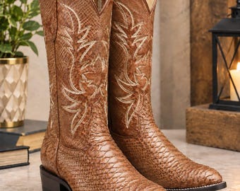Light Brown Python Leather Cowboy Boot | Mens Western Boots.