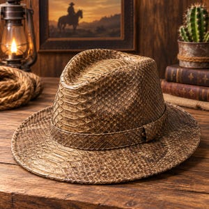 May include: A fedora hat featuring a textured brown snakeskin pattern throughout the crown and brim. The hat includes a matching snakeskin band encircling the base of the crown, finished with a small metallic stud detail on the side of the band.