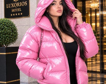 Women's Glossy Quilted Puffer Jacket: Hooded Winter Street wear Outerwear.