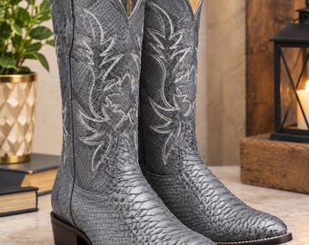 Light Grey Python Leather Cowboy Boot | Mens Western Boots.