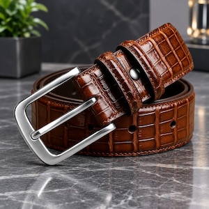 May include: A brown belt featuring a glossy crocodile-embossed texture and a polished silver-toned metal buckle. The belt includes a matching leather loop and a single silver-toned metal stud detail near the buckle, showcasing a structured design.