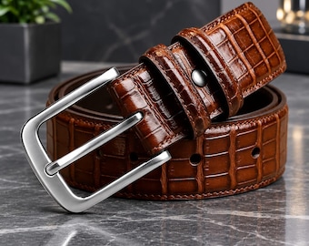 Embossed Crocodile Leather Belt, Genuine Leather Men's Western Dress
